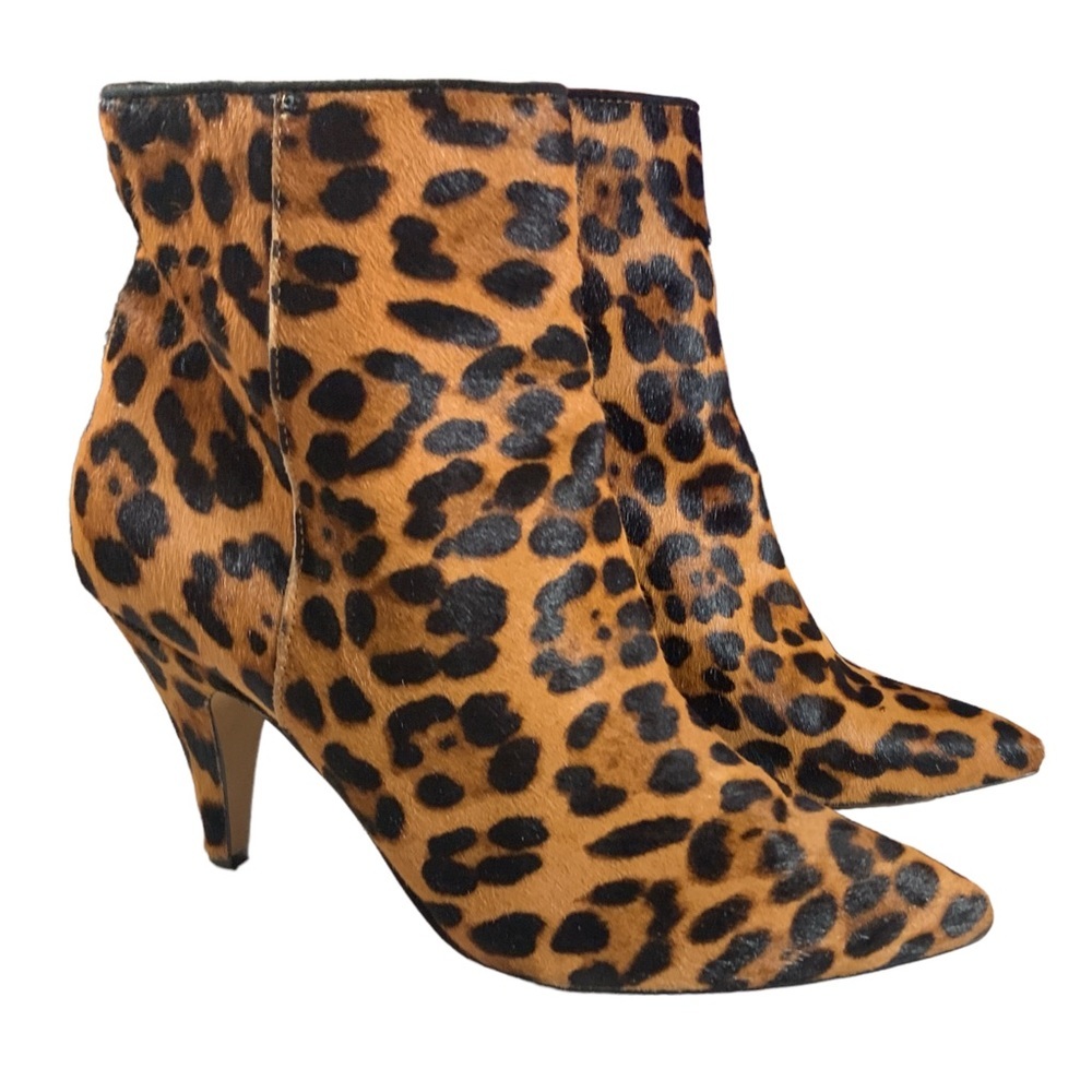 Vince Camuto Nand12 Cow Hair Leopard print Zip Pointed Toe ankle heel Bootie 9.5
